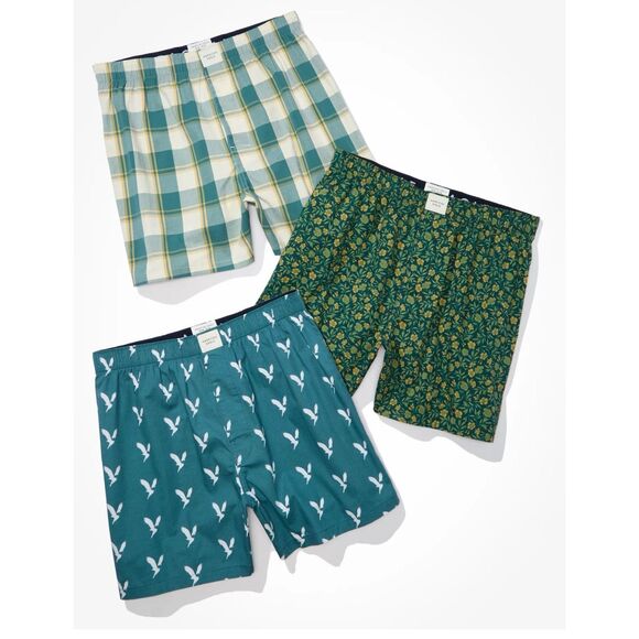 NEW AMERICAN EAGLE 3-Pack Stretch Boxer Sz  XS Green Floral Plaid Logo - Picture 1 of 6